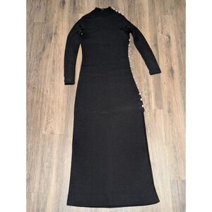 Vintage The Knit Group Black Maxi Dress Size 6 Mock Neck Long Sleeve Button Slit